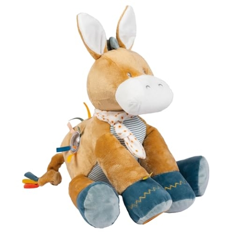 Nattou Aktiv-Kuscheltier aus Polyester, Kuscheltier-Esel Leo mit Rassel, Spiegel und mehr, Ca. 45 cm, Felix und Leo, Beige