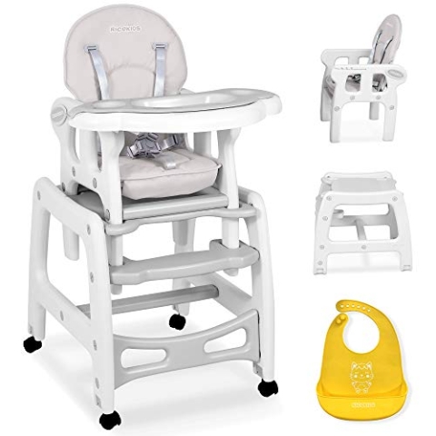 Ricokids Sinco Kinderhochstuhl - Babyhochstuhl Mitwachsender - Multifunktions Hochstuhl 5in1 - Tisch + Babystuhl Regulierbar - Schaukelfunktion - 3-fache Neigungsverstellung der Rückenlehne - (Grau)
