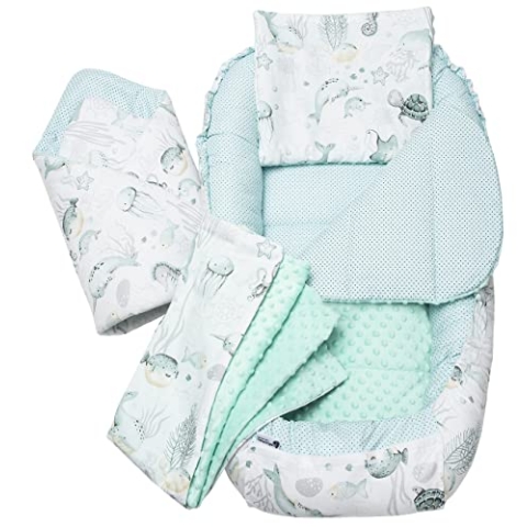 Medi Partners Babynestchen Babynest Set 100x60x15 Kuschelnest 5 teilig herausnehmbarer Einsatz Kokon Nestchen Babys Neugeborene 100% Baumwolle (Ozean mit Minze Minky)