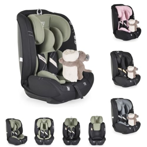 Moni Kindersitz i-Size Start (76-150cm) Kopfstütze verstellbar, Kuscheltier, Farbe:grün