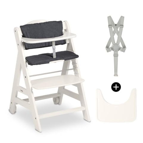 hauck Beta+, White - Mitwachsendes Kinderhochstuhl Set ab 6 Monaten bis 90 kg mit Rädern, Sitzkissen, Großes Essbrett, Kleiner Schutzbügel, 5 Punkt Gurt Sicherheitsgurt & Schrittgurt