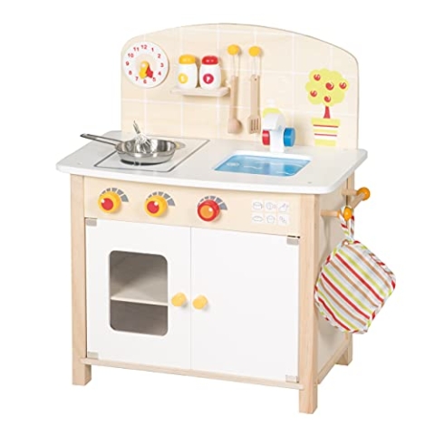 roba Spielküche, weiß, natur, Spielzeug-Küchenzeile mit 2 Kochstellen, Spüle, Wasserhahn & Zubehör
