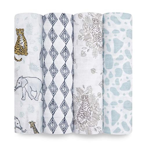 aden + anais Pucktücher, Decken aus 100% Baumwoll-Musselin für Neugeborene Mädchen & Jungen, Wickeltücher-Set für Säuglinge & Kleinkinder, Geschenke für Babys, 120x120cm, 4er-Pack, Jungle