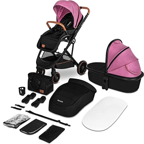 LIONELO Riya 2 in 1 Babygondel und Kinderwagen bis zu 15 kg, Liegeposition, Rückwärts- oder vorwärtsgerichtete Sitzmontage, XXL-Dach, Moskitonetz, Regenschutz, Fußsack