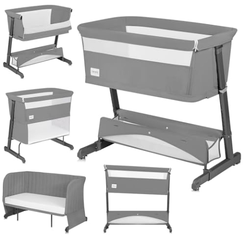 Lionelo THOMI Plus 5 w 1 Beistellbett, Kinderbett bis 9kg, Zustellbett, Reisebett, Laufstall bis 15kg, Sofa bis 100kg, höhenverstellbar, mit 2 Rollen und absenkbarer Seite Zustellbett