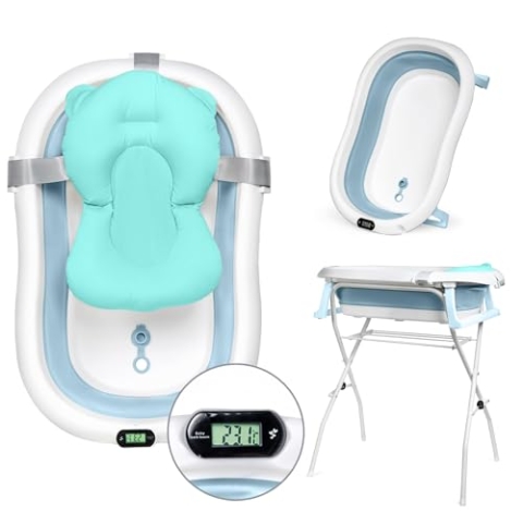 moovkee. Babybadewanne mit Gestell 80cm - Baby Badewanne Faltbar mit Thermometer und Badekissen - Babywanne mit Ständer Sicher für Ihr Baby - Babybadewanne Neugeborene