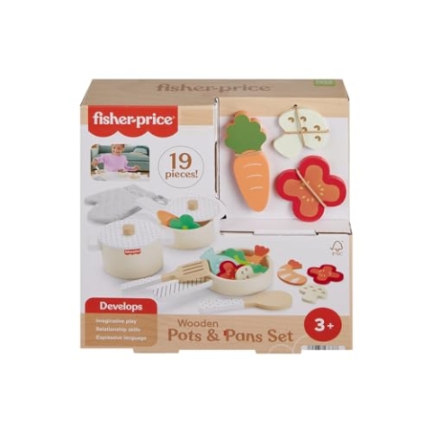 Fisher-Price Kochgeschirr-Set aus Holz für Rollenspiele, 19 Holzteile für Kindergartenkinder ab drei Jahren, HXT83