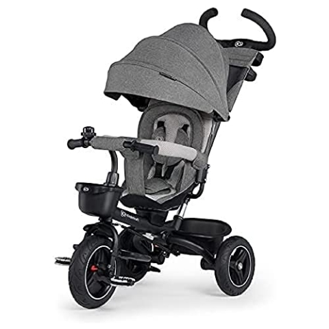 Kinderkraft SPINSTEP Dreirad ab 1 jahr mit Schubstange, wasserfeste Verdeck mit UPF50+ Filter, 360 Grad drehbare Sitz, Freilauf, Zusammenklappbar, Klingle, Korb, Grau