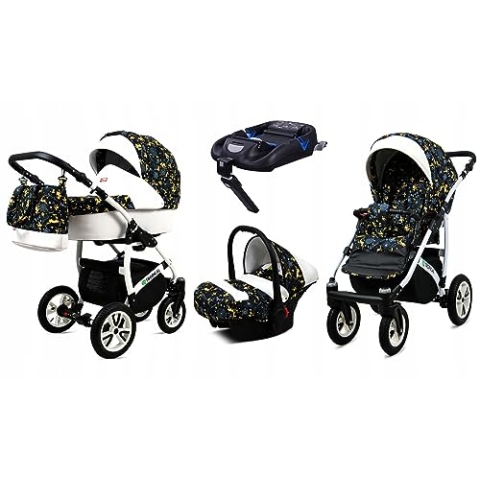 BabyLux® Kinderwagen Set 4 in 1 - Tropical - incl. Babywanne, Buggy Sportsitz, Auto-Babyschale, ISOFIX-Basisstation - Autositz - Kinderwagenset - Kombikinderwagen mit Wickeltasche usw.