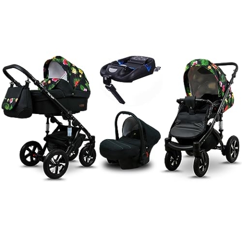 BabyLux® Kinderwagen Set 4 in 1 - Sky Lark - incl. Babywanne, Buggy Sportsitz, Auto-Babyschale, ISOFIX-Basisstation - Autositz - Kinderwagenset - Kombikinderwagen mit Wickeltasche usw.