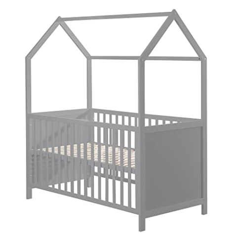 roba Hausbett 70 x 140 cm - FSC zertifiziert - Babybett in Hausoptik - Höhenverstellbar - Umbaubar zum Juniorbett - Holz taupe