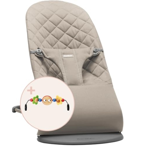 BabyBjörn Babywippe Bliss, Gewebt, Klassische Steppung, Sandgrau, inklusive Spielzeug, Fröhliche Augen