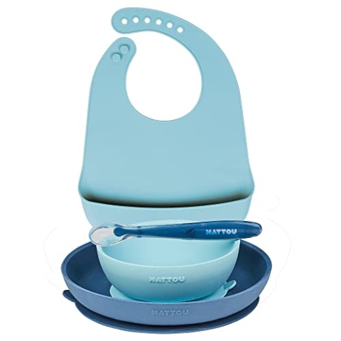 Nattou Silikon-Geschirr für Kinder, 4-tlg., 1 Löffel, 1 Teller, 1 Schale, 1 Lätzchen mit Auffangschale, BPA-frei, Silicon, Blau