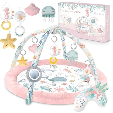 Nukido Spieldecke Mit Spielbogen Baby Spielmatte Babyspieldecke Krabbeldecke 7 Spielzeuge Und Kissen Weich Pflegeleicht Ocean Rosa