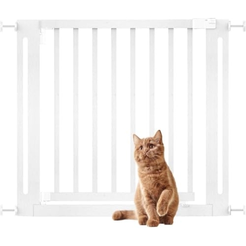 Bettacare Naturholz Elegance Treppenschutzgitter, Weiß, 87cm - 95cm, Druckmontage Sicherheitsgitter, 65cm Extra Breite Türöffnung, Einteiliges Extra Breites Gitter für Welpen, Hunde und Haustiere