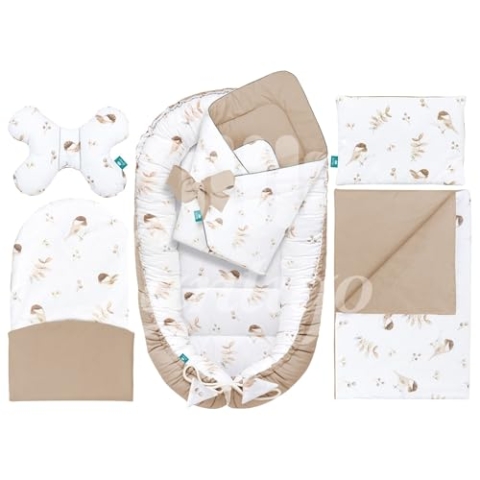 Lantigo Babynest 100% Baumwolle, 6-teiliges Set für Neugeborene, inkl. Kissen, Babydecke, Babyhörnchen, ideale Babyausstattung 95×55 cm Lovely Bird Cappuccino