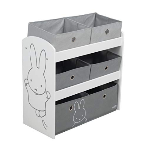 roba Spielregal miffy® - Spielzeugregal für Kinderzimmer mit 5 graue Boxen aus Stoff - Hasen Motiv - Aufbewahrungsregal für Mädchen und Jungen - Holz weiß