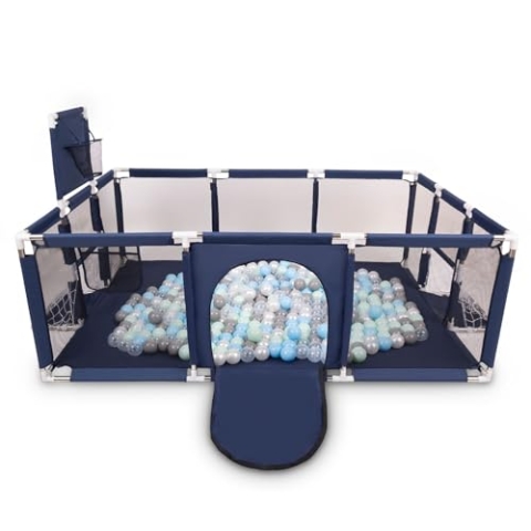 Selonis Laufstall Baby Großer Spielplatz Mit 400 Bälle Laufgitter Für Kinder, Dunkelblau:Perle/Grau/Transparent/Babyblau/Minze