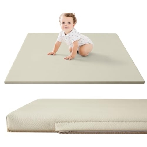 Stylische Spielmatte für Baby aus veganem Leder 120x120x2,5cm, Creme – Krabbelmatte für Baby mit Memory-Schaum und rutschfester Unterseite – pflegeleichte, schadstofffreie Krabbeldecke für Baby