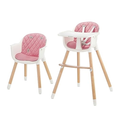 Kinderkraft Hochstuhl SIENNA 2 in 1, Kinderhochstuhl, Babystuhl, Kombihochstuhl, Beine aus Holz, 5-Punkt-Gurt, Fußstütze, abnehmbare Tablett, Rutschfeste Stuhlbeinkappen, ab 6 Monate bis 4 Jahre, Rosa
