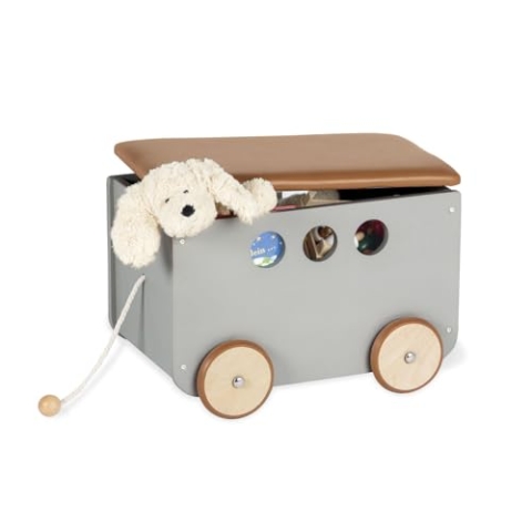 PINOLINO Spielzeugkiste Jim, aus Holz und Kunstleder, mit Zugschnur, gummierten Holzrädern und abnehmbarem Deckel, grau lackiert/Kunstleder braun