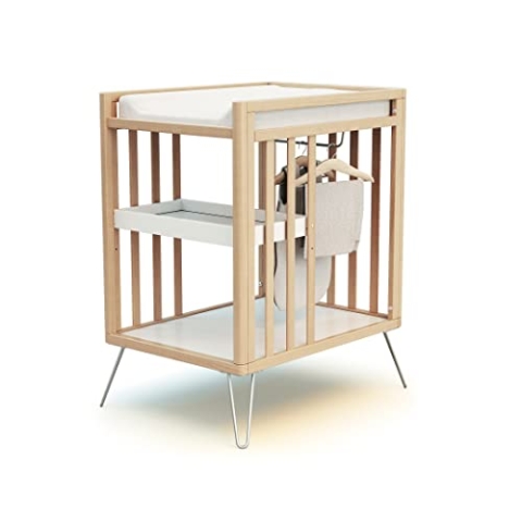 JURABABY – Wickeltisch mit 2 Holzregalen NUR Stahl| 76 x 56 x 94 cm | Mit Tablett, Regal und Garderobe | Kompakt | Stabil mit Stahlbeinen