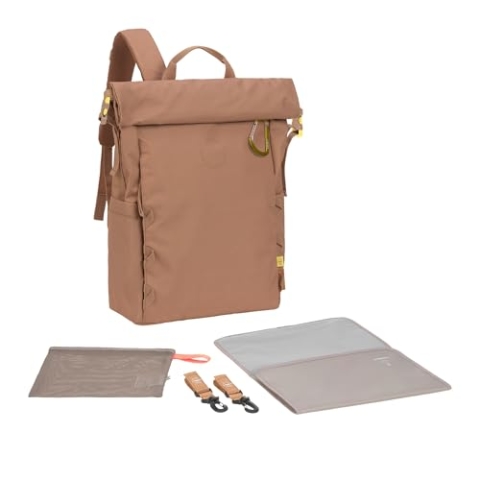 LÄSSIG Baby Wickelrucksack Wickeltasche Rucksack mit Wickelunterlage, Kinderwagenbefestigung, Flaschenhalter nachhaltig produziert/GRE Outdoor Rolltop Backpack almond