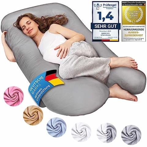 SMOOTHY XXL Schwangerschaftskissen Seitenschläferkissen, Lagerungskissen, Baby-Kissen & Stillkissen in U-Form mit abnehmbarem & waschbarem Bezug aus 100% Baumwolle (Classic XXL, 150 x 80 cm, Grau)