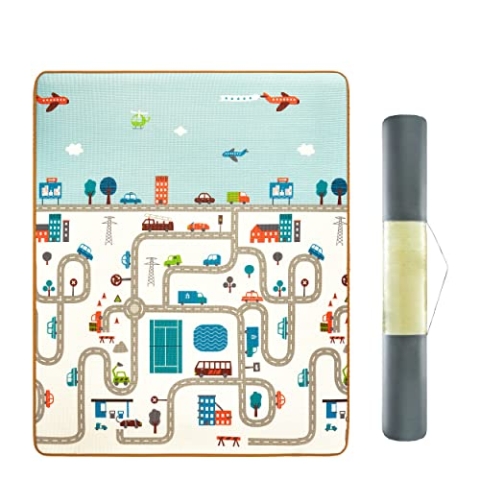 Mamabrum XXL Krabbelmatte für Babys - Spielmatte mit Stadt- und Waldmotiv, 180x150x2 cm, rutschfest, wasserabweisend, rollbar mit Tragetasche - Krabbeldecke für Babys