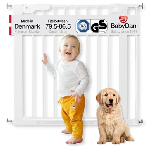 BabyDan Premier, Treppenschutzgitter zum Klemmen, 79,5-86,5 cm, Türschutzgitter/Absperrgitter/Babygitter/Sicherheitsgitter, Metall, Weiß, Hergestellt in Dänemark (Hundegitter)