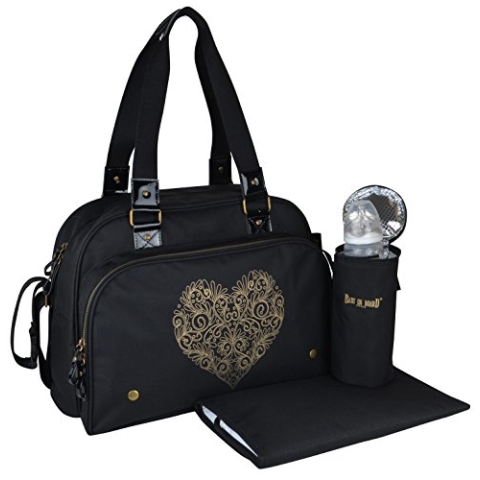 Baby on Board - Wickeltasche – Babytasche mit Matratze – Isolierflaschenhalter – Kinderwagen & Schultergurt – Simply Premium Love Tattoo – große Kapazität – 2 große Fächer – Schwarz