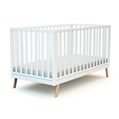 AT4 - Umwandelbares Babybett aus Holz COMFORT Weiß 70 x 140 cm | 146 x 74,5 x 83 cm | Verstellbarer Lattenrost in 3 Höhen | Abnehmbare Leiter | Zum Juniorbett umbaubar