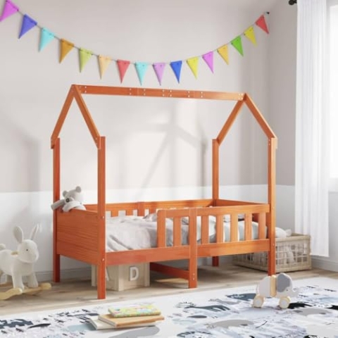 vidaXL Kinderbett, Hausbett mit Rausfallschutz Lattenrost, Spielbett für Jungen Mädchen, Holzbett Bett Kinderzimmer, Wachsbraun 80x160cm Massivholz Kiefer