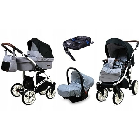 BabyLux® Kinderwagen Set 4 in 1 - Optimal - incl. Babywanne, Buggy Sportsitz, Auto-Babyschale, ISOFIX-Basisstation - Autositz - Kinderwagenset - Kombikinderwagen mit Wickeltasche usw.