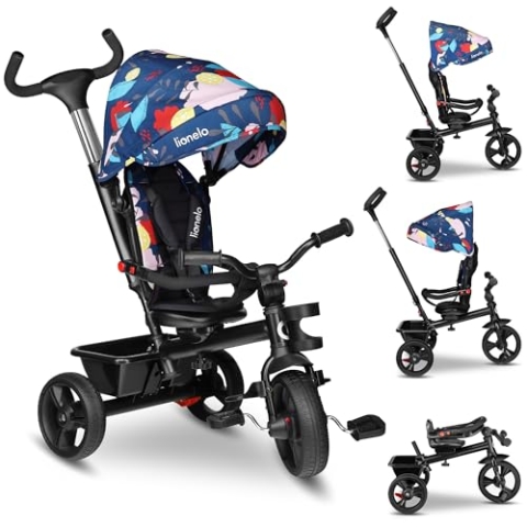 LIONELO Haari 2in1 Dreirad mit Schubstange ab 18 Monate bis 25kg, Vorwärts und Rückwärtsfahrt, schlauchlose Gummireifen, Freilauf geräumiger, Korb, Tasche, Getränkehalter