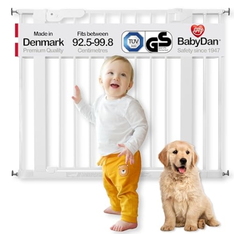 BabyDan Premier, extra breites Treppenschutzgitter zum Klemmen, 92,5-99,8 cm, Türschutzgitter/Absperrgitter/Babygitter/Sicherheitsgitter, Metall, Weiß, Hergestellt in Dänemark (Hundegitter)
