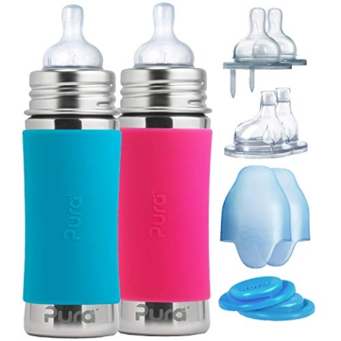 Pura Baby-Babyflaschen aus Edelstahl (Silikondüsen mit mittlerem Durchfluss, Schnelldurchflussdüsen, Einspritzdüsen, Dichtungsscheiben und -hülsen (2er-Pack) Aqua & Rosa 11 Unzen / 325 ml