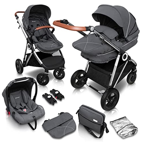 babyGO Halime Air Kinderwagen 3 in 1 - Luftreifen Edition perfekt für jedes Gelände - Voll-Gummireifen - Wickeltasche/Regenschutz/Wintersack (Grau-Silber Gestell)