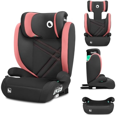 LIONELO HUGO I-SIZE Kinderautositz, Gruppe 2 3, von 100–150 cm, ISOFIX-Installation, verstellbare Kopfstütze, Memory-Schaum, Seitenschutz, bequeme Armlehnen Rosa