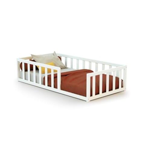 WEBABY - Bodenbett babybett Holz 70x140 cm Weiß | Mit Barrieren | Mit Barrieren | Gitterbett | Kinderbett | Lattenrost inklusive | Schlafkomfort | Autonomie | Sicherheit