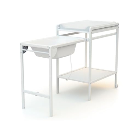 AT4 - Wickeltisch mit Badewanne ESSENTIEL Weiß | Maße aufgeklappt (L x B x H): 148 x 58 x 94 cm | Maße zusammengeklappt (L x B x H): 76 x 58 x 94 cm | Tisch mit Rollen | Mit Ablaufschlauch