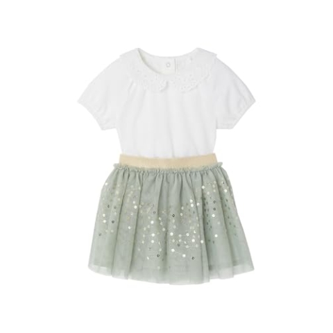VERTBAUDET Festliches Mädchen Baby-Set: Blusenshirt & Tüllrock salbeigrün 92/98