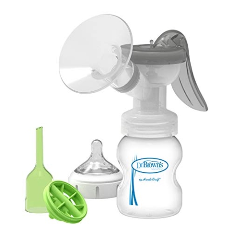 Dr. Brown's Manuelle Milchpumpe mit SoftShape 100% Silikonschutz (B, 25 mm Flansch) & Anti-Kolik-Optionen + Weithals-Babyflasche, 150 ml, mit Level 1 Nippel mit langsamem Durchfluss