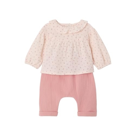 VERTBAUDET Baby-Set mit Volants: Bluse & Haremshose, Musselin rosa 68
