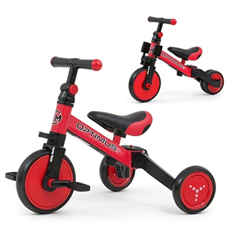 Milly Mally Optimus Kinderfahrrad 3-in-1, Dreirad, Laufrad mit Pedalen, für Jungen und Mädchen ab 1 Jahr, Lauflernhilfe für Kinder, Rutscher, für EIN Geschenk geeignet ROT