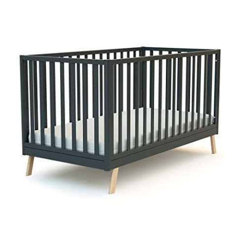 AT4 - Umwandelbares Babybett aus Holz COMFORT Graphitgrau 70 x 140 cm | 146 x 74,5 x 83 cm | Verstellbarer Lattenrost in 3 Höhen | Abnehmbare Leiter | Zum Juniorbett umbaubar