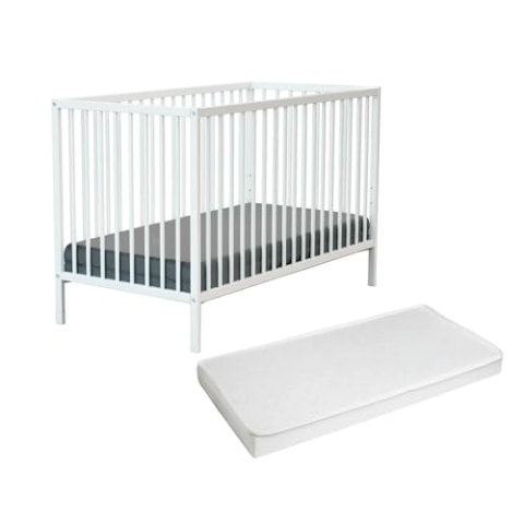 WEBABY - Babybett Holz mit Matratze Weiß 60 x 120 cm | Kinderbett | 124 x 64,5 x 82 cm | Verstellbarer Lattenrost in 3 Höhen