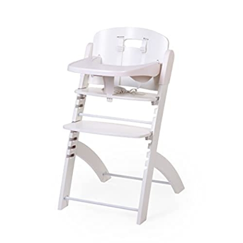 CHILDHOME, Hochstuhl für Babys, mitwachsend : von 0 Monaten bis 85KG, Inklusive Tablett, Buchenholz, Bügel, Sicherer 5-Punkt-Gurt, Unsichtbare Schrauben, Evosit Weiß