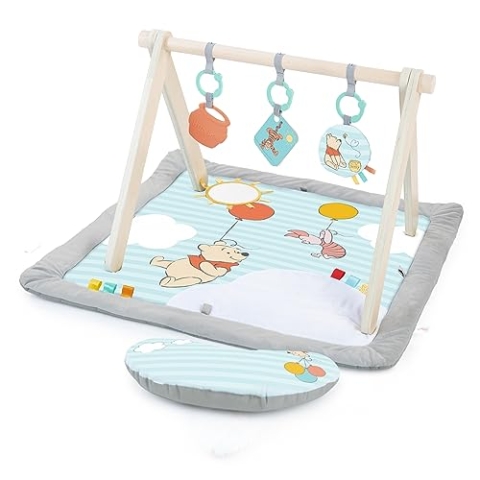 Bright Starts Disney Winnie PUUH Once Upon a Tummy Time Baby Aktivitätenmatte mit Spielzeugstange aus Holz, Blau, Neugeboren