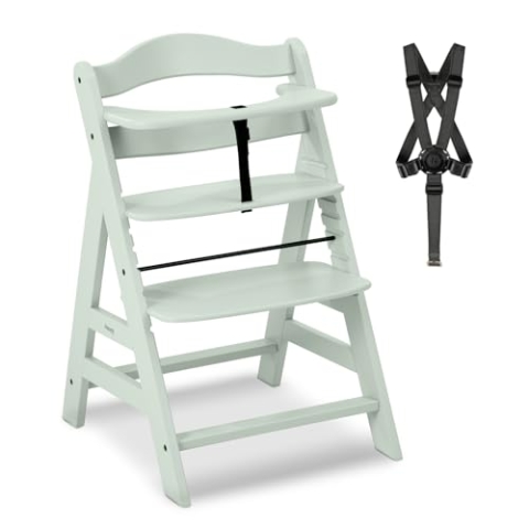 hauck Hochstuhl Alpha+ für Kinder ab 6 Monaten bis 90 kg, inkl. Schutzbügel, 5-Punkt-Gurt & Schrittgurt, mitwachsender Kinderhochstuhl aus FSC® zertifiziertem Buchenholz (Mint)